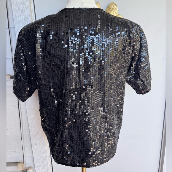 Vintage Black Sequin Silk Cardigan with Green Floral Sequin Accents - Picture 4 of 11